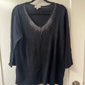 QUACKER FACTORY GREAT ESSENTIALS 3/4 FINE GAUGE V-NECK SWEATER w RHINESTONE SZ L
